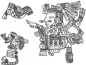 Figuras de deidades o gobernantes mexicas con tocados ornamentados — Tlacuilo anónimo, tradición mixteca-puebla (Códice Borgia)