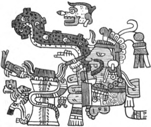 Figura mitológica prehispánica con elementos zoomorfos y antropomorfos — Tlacuilo anónimo, tradición mixteca-puebla (Códice Borgia)