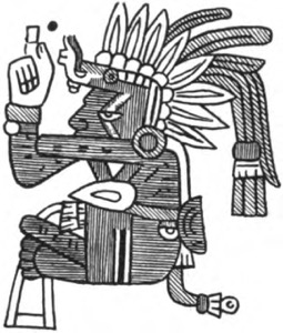 Figura mitológica azteca con ofrenda — Tlacuilo anónimo, tradición mixteca-puebla (Códice Borgia)
