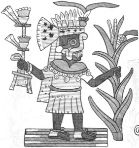 Deidad Mexica con ofrendas y mazorca — Tlacuilo anónimo, tradición mixteca-puebla (Códice Borgia)