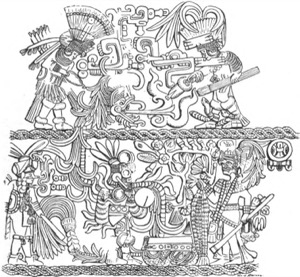 Danza y escena ritual maya con figuras jeroglíficas — Tlacuilo anónimo, tradición mixteca-puebla (Códice Borgia)