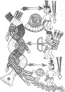 Guerra y Mitología Azteca: Batalla contra un Ser Mítico — Tlacuilo anónimo, tradición mixteca-puebla (Códice Borgia)