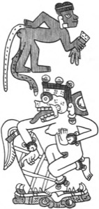Figura dual: Hombre mono y deidad con lengua afuera — Tlacuilo anónimo, tradición mixteca-puebla (Códice Borgia)