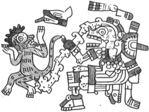 Escena mitológica con deidades aztecas — Tlacuilo anónimo, tradición mixteca-puebla (Códice Borgia)