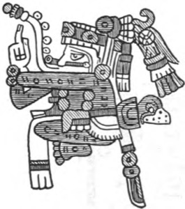 Figura de deidad o gobernante precolombino con ornamentos complejos — Tlacuilo anónimo, tradición mixteca-puebla (Códice Borgia)