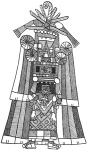 Figura de guerrero o sacerdote mexica con vestimenta ceremonial — Tlacuilo anónimo, tradición mixteca-puebla (Códice Borgia)