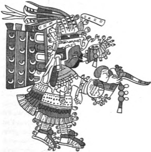 Guerrero Mexica con atavíos rituales — Tlacuilo anónimo, tradición mixteca-puebla (Códice Borgia)