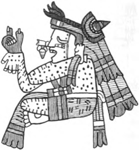 Figura mitológica azteca con elaborado tocado de plumas — Tlacuilo anónimo, tradición mixteca-puebla (Códice Borgia)