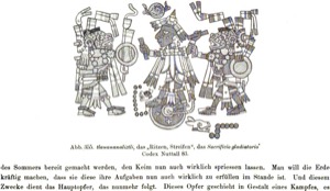 Representación de un ritual o combate gladiatorio prehispánico — Tlacuilo anónimo, tradición mixteca-puebla (Códice Borgia)