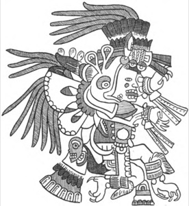 Figura mitológica azteca con ornamentación de plumas — Tlacuilo anónimo, tradición mixteca-puebla (Códice Borgia)