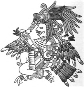 Representación de Quetzalcóatl como un guerrero emplumado — Tlacuilo anónimo, tradición mixteca-puebla (Códice Borgia)