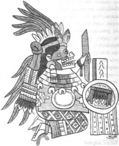 Guerrero mexica con plumaje y arma defensiva
