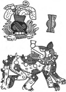 Glifo Azteca de Xochipilli y figura de perro — Tlacuilo anónimo, tradición mixteca-puebla (Códice Borgia)