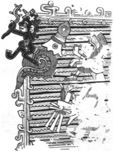 Escena Mitológica Maya con Figuras Simbólicas — Tlacuilo anónimo, tradición mixteca-puebla (Códice Borgia)