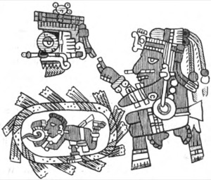 Escena de la mitología mexica: deidades y sacrificio — Tlacuilo anónimo, tradición mixteca-puebla (Códice Borgia)