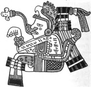 Figura Mítica Azteca con Atuendo Ceremonial — Tlacuilo anónimo, tradición mixteca-puebla (Códice Borgia)