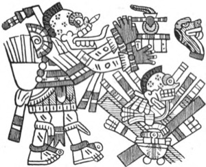 Escena de sacrificio o ritual azteca — Tlacuilo anónimo, tradición mixteca-puebla (Códice Borgia)