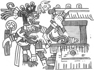 Deidad azteca con tocado y ofrenda — Tlacuilo anónimo, tradición mixteca-puebla (Códice Borgia)