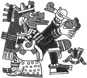 Figura mexica con tocado elaborado y arma — Tlacuilo anónimo, tradición mixteca-puebla (Códice Borgia)