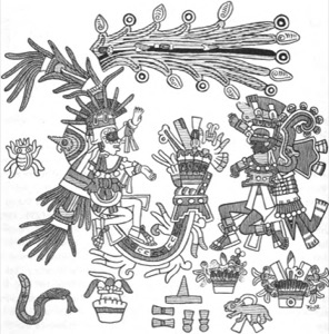 Escena ritual mexica con deidades y ofrendas — Tlacuilo anónimo, tradición mixteca-puebla (Códice Borgia)