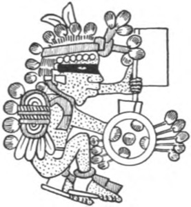 Guerrero azteca con escudo y macuahuitl — Tlacuilo anónimo, tradición mixteca-puebla (Códice Borgia)