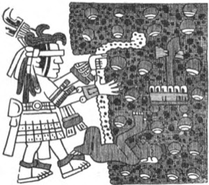 Guerro Mexica con Atuendo Ritual y Escena Mitológica — Tlacuilo anónimo, tradición mixteca-puebla (Códice Borgia)