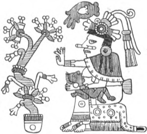 Deidad mexica con ofrenda floral y animal — Tlacuilo anónimo, tradición mixteca-puebla (Códice Borgia)