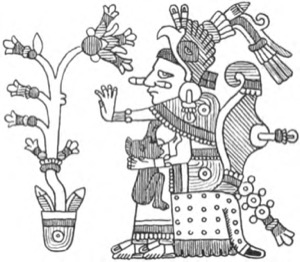 Figura Mexica con planta y animal — Tlacuilo anónimo, tradición mixteca-puebla (Códice Borgia)