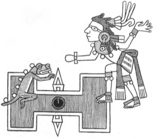 Un hombre y un lagarto en un juego de mesa prehispánico — Tlacuilo anónimo, tradición mixteca-puebla (Códice Borgia)