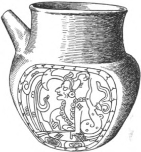 Cántaro Maya con glifos y figura antropomorfa — Tlacuilo anónimo, tradición mixteca-puebla (Códice Borgia)