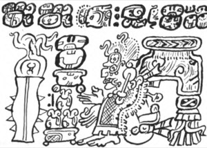 Códice Maya: — Escena con jeroglíficos, figura humana y ofrendas — Tlacuilo anónimo, tradición mixteca-puebla (Códice Borgia)