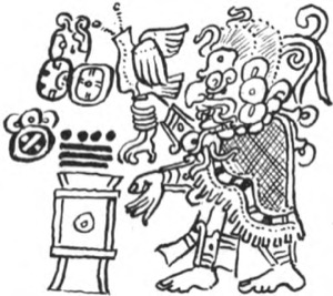 Figura mitológica o deidad maya con glifos — Tlacuilo anónimo, tradición mixteca-puebla (Códice Borgia)