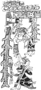 Glifos y figuras mayas en un grabado — Tlacuilo anónimo, tradición mixteca-puebla (Códice Borgia)