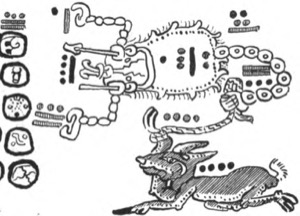 Ilustración Maya: Escena Mítica con Animal y Glifos — Tlacuilo anónimo, tradición mixteca-puebla (Códice Borgia)