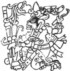Figura mitológica maya con adornos elaborados — Tlacuilo anónimo, tradición mixteca-puebla (Códice Borgia)