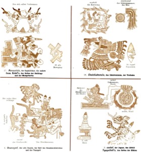 Ilustraciones detalladas de glifos y figuras antropomorfas y zoomorfas — Tlacuilo anónimo, tradición mixteca-puebla (Códice Borgia)
