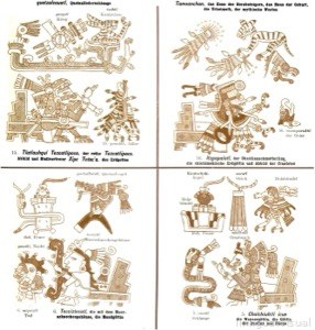Representación de escenas y figuras de códices mesoamericanos — Tlacuilo anónimo, tradición mixteca-puebla (Códice Borgia)