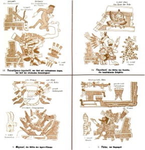 Fragmentos de un códice mesoamericano que ilustran deidades y rituales — Tlacuilo anónimo, tradición mixteca-puebla (Códice Borgia)