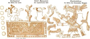 Representación de tres deidades mesoamericanas: Xochiquetzal — Tlacuilo anónimo, tradición mixteca-puebla (Códice Borgia)