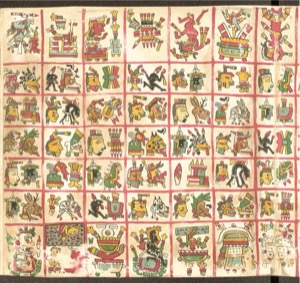 Pintura histórica mesoamericana con glifos y figuras — Tlacuilo anónimo, tradición mixteca-puebla (Códice Cospi)