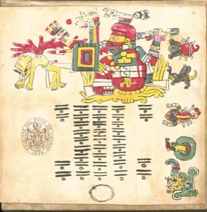 Pintura con escena mitológica y sistema calendárico azteca — Tlacuilo anónimo, tradición mixteca-puebla (Códice Cospi)