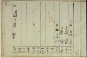 Diagrama calendárico azteca con glifos y representaciones — Anónimo novohispano