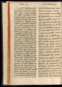 Página de un antiguo volumen con texto impreso en dos — Bernardino de Sahagún
