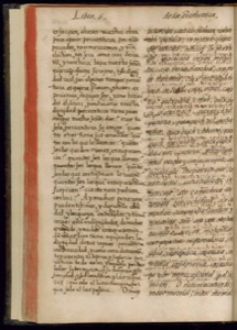 Página de un antiguo manuscrito con dos columnas de texto — Bernardino de Sahagún