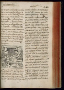 Página de un libro antiguo con texto impreso en dos — Bernardino de Sahagún
