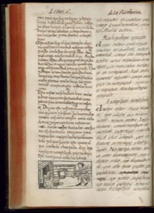 Página de un antiguo libro impreso con texto en dos — Bernardino de Sahagún