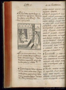 Página de un libro antiguo con texto impreso y — Bernardino de Sahagún