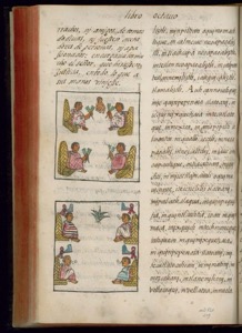 Páginas de un códice histórico con miniaturas y texto — Bernardino de Sahagún