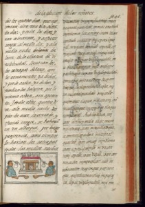 Página de códice colonial con texto y miniatura — Bernardino de Sahagún