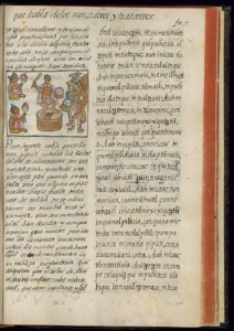Página de códice prehispánico con glifos y escritura en náhuatl — Bernardino de Sahagún